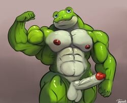 2021 abs amphibian anthro balls barazoku biceps big_muscles big_penis erection flexing frog genitals grey_background hi_res huge_muscles humanoid_genitalia humanoid_penis looking_at_viewer male male_only muscular muscular_anthro muscular_male navel nintendo nipples nude obliques pecs penis signature simple_background slippy_toad smile solo standing star_fox toad_(frog) uniparasite video_games