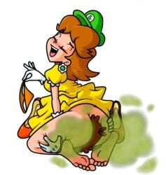 1boy 1girls 5_toes ass ass_on_face barefoot blush bottomless brown_hair cap closed_eyes clothed clothing dp1up dress edit face_in_ass facesitting fart fart_fetish farting farting_on_face feet female female_focus forced_to_sniffing full_body gloves green_cap high_resolution luigi male mario_(series) naughty_face nintendo open_mouth orange_panties orange_underwear pantsu princess_daisy shoes simple_background sitting smelling smile soles underwear white_background yellow_dress