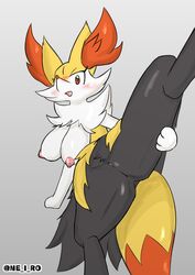 anthro anthrofied big_breasts blush braixen breasts canid canine eyelashes female fox fur genitals hi_res huge_breasts huge_nipples looking_at_viewer mammal multicolored_body multicolored_fur ne_i_ro nintendo pokémon_(species) pokemon pokemon_(species) presenting presenting_pussy pussy raised_leg simple_background solo video_games watermark