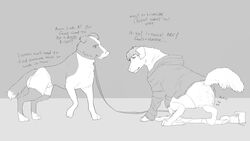 16:9 baggy_clothing canid canine canis clothing dialogue dialogues domestic_dog duo feces feral hi_res human jager-darklite male mammal monochrome scat scat soiling_underwear species_transformation transformation widescreen