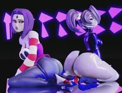 2girls 3d animated ass big_ass bimbo bouncing_ass bubble_butt clothes_swap clothing_swap cosplay crossover dat_ass dc dc_comics female female_only grey_skin huge_ass no_sound prevence rachel_roth raven_(dc) skullgirls squigly teen_titans thick_thighs twerking video wide_hips