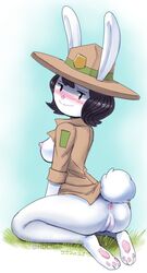 2021 anthro anus ass black_hair blush bottomless breasts brown_clothing brown_shirt brown_topwear clothed clothing elinor_wonders_why female female_only genitals hair hat headgear headwear hi_res john_joseco kneeling lagomorph leporid looking_at_viewer looking_back looking_back_at_viewer mammal nipples open_clothing open_shirt open_topwear park_ranger pbs_kids_(copyright) pinup pose pussy rabbit ranger_hat ranger_rabbit rear_view scut_tail shirt solo topwear