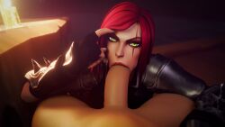 1boy 1girls 3d athletic_female blender blowjob dom3d green_eyes human katarina_du_couteau league_of_legends light-skinned_male looking_at_viewer pov red_hair riot_games