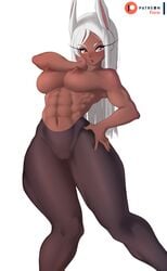 1girls abs alternate_version_available big_breasts breasts bunny_ears cameltoe dark-skinned_female dark_skin eye_contact female female_only fiera_(artist) large_breasts long_hair looking_at_viewer miruko muscular_female my_hero_academia pantyhose red_eyes rumi_usagiyama solo standing thick_thighs tight_clothing white_background white_hair wide_hips