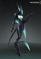 anthro breasts claws clothing dark_body female genitals hi_res jacktor long_tail machine mechanical_leg mindmachine patreon pussy robot simple_background solo standing synth-crador veil_(mindmachine) weapon