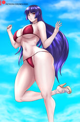 1girls alluring big_breasts bikini blue_hair blush breasts eye_contact female fingernails gym_leader large_breasts looking_at_viewer nexus-sig nintendo pokemon pokemon_rgby red_eyes sabrina_(pokemon) solo standing thick_thighs toenails wide_hips