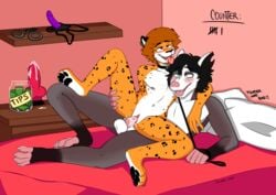 1boy 1cuntboy absurd_res anthro bed bedroom bodily_fluids collar counter cum cum_inside cuntboy didelphid dildo duo felid furniture genital_fluids genitals handcuffs hi_res intersex jaguar jar leash lube male mammal marsupial pantherine penetration penis redjasper sex_toy shackles strap-on tip_jar vaginal_penetration