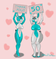 alice_(alicethedeer) alicethedeer anthro big_breasts blue_body blue_nipples blue_nose breast_size_difference breasts cervid cervine circles closed_eyes duo female genitals hi_res holding_object holding_sign huge_breasts mammal mavy_(alicethedeer) nipples pussy shaded simple_background smile thick_thighs unguligrade_anthro white_body white_nipples white_nose