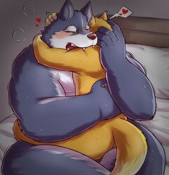 2018 anthro anthro_on_anthro ass bed bite biting_partner bodily_fluids canid canine duo fangs fingers fur furniture hand_on_back hand_on_head heart holding_partner love_bite male male/male mammal nude nullraihigi obese on_bed on_lap overweight pillow shoulder_bite size_difference sweat teeth tongue