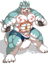 1boy abs anthro asian_mythology clothed clothing east_asian_mythology erection erection_under_clothing foo_dog genitals hi_res japanese_mythology komainu male male_only mammal muscular muscular_anthro muscular_male mythology nipples oguchi_magami_(tokyo_afterschool_summoners) pecs penis ptcmtr solo tokyo_afterschool_summoners underwear video_games yōkai