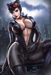 1girls batman_(series) big_breasts black_hair bodysuit catwoman child_bearing_hips cleavage dandon_fuga dc dc_comics female female_only green_eyes hips large_breasts lipstick looking_at_viewer makeup open_clothes rain raining seductive solo thick_hips unzipping water wet wide_hips zipper