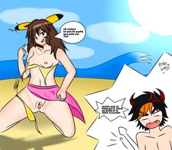 1boy 1boy1girl 1girls beach bikini black_hair brown_eyes brown_hair horns imminent_sex long_hair nita-nsfw nita_(nita-nsfw) orange_hair original original_character outdoors pikachu_(cosplay) pokemon pokemon_(cosplay) removing_bikini removing_bra removing_clothing removing_panties removing_underwear short_hair small_breasts spanish_text speech_bubble text text_bubble two_tone_hair