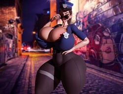 3d adjusting_eyewear adjusting_glasses adjusting_sunglasses aviator_sunglasses badge belt big_ass big_breasts big_butt big_earrings bimbo breasts brown_eyes brown_hair earrings fishnets jasmine_juggs looking_over_eyewear looking_over_glasses looking_over_sunglasses meet_'n'_fuck_games pale_skin police police_hat police_officer police_uniform policewoman shocking_(artist) short_skirt sunglasses thick_lips thick_thighs tinted_eyewear