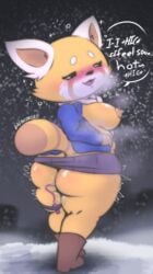 2021 2d aeonspassed aggressive_retsuko ailurid anthro areola black_nose blush breasts clothing dialogue digital_media_(artwork) english_text female footwear hi_res mammal nipples office_lady outside red_panda retsuko sanrio sex_toy smooth_skin solo text