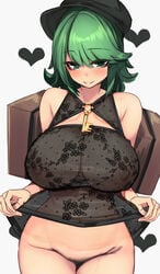 alternate_breast_size areolae armpit_crease bag bangs black_headwear blush breasts cabbie_hat cowboy_shot eyebrows_visible_through_hair female female_pubic_hair floral_print green_eyes green_hair hat heart heart-shaped_pupils highres key large_areolae large_breasts lingerie looking_at_viewer negligee no_panties pubic_hair puffy_nipples see-through short_hair simple_background smile solo standing symbol-shaped_pupils takane_yamashiro touhou underwear upper_body white_background yukito_(dreamrider)