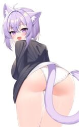 1girls absurd_res ahoge ass big_breasts breasts cardigan cat_ears cat_tail catgirl from_behind hololive hololive_gamers hololive_japan kemonomimi looking_at_viewer looking_back neko_lu nekomata_okayu open_mouth panties purple_eyes purple_hair short_hair smile solo thighs virtual_youtuber white_background white_panties