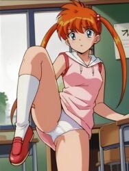 :o ai_generated arm_support ass bare_legs blue_eyes chair classroom day desk eyebrows eyebrows_visible_through_hair female flexible frown groin hair_between_eyes inaba_kyouko indoors jigoku_sensei_nube knees kyoko_inaba leg_lift legs legwear lifting_leg long_hair long_twintails nervous no_pants no_shorts orange_hair panties pantira-maniax_(ai_generator) pink_shirt red_shoes school seductive seductive_body seductive_pose shirt shoes shounen_jump sleeveless sleeveless_shirt small_breasts socks standing standing_on_one_leg tied_hair twintails underwear white_legwear white_panties white_underwear window younger_female