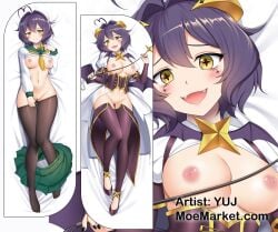 antenna_hair blush breasts dakimakura_(medium) demon_girl demon_horns facial_tattoo female hiiragi_utena looking_at_viewer magia_baiser mahou_shoujo_ni_akogarete purple_hair yellow_eyes yuj