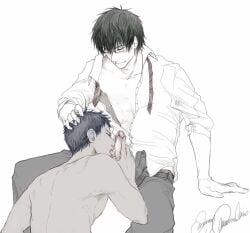 aomine_daiki bl blowjob bottom_aomine closed_eyes dick_in_face gay glasses imayoshi_shouichi licking_penis male masculine_bottom power_bottom short_hair tan_skin yaoi