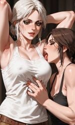 2girls ai_generated aifutaempire armpits breasts brown_hair ciri female green_eyes lara_croft licking_armpit light-skinned_female mascara nipples_visible_through_clothing saliva saliva_trail scar sexy_armpits the_witcher_(series) the_witcher_3:_wild_hunt tomb_raider tongue_out white_hair yuri