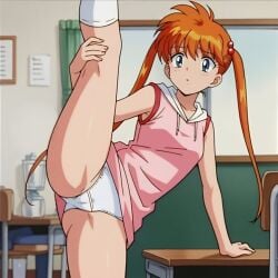 :o ai_generated arm_support ass bare_legs blue_eyes chair classroom desk eyebrows eyebrows_visible_through_hair female flexible groin hair_between_eyes highres inaba_kyouko indoors jigoku_sensei_nube knees kyoko_inaba leg_lift leg_up legs legwear lifting_leg long_hair long_twintails nervous no_pants no_shorts orange_hair panties pantira-maniax_(ai_generator) pink_shirt red_shoes school seductive seductive_body seductive_pose shirt shoes shounen_jump sleeveless sleeveless_shirt small_breasts socks standing standing_on_one_leg teenage_girl teenager thighs tied_hair twintails underwear white_legwear white_panties white_underwear window young younger_female