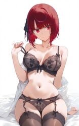 ai_generated arima_kana ass_visible_through_thighs bare_arms bare_belly bare_shoulders belly_button black_bra black_panties black_thighhighs blush bra bra_pull breasts cleavage collarbone garter_belt garter_straps hair_ribbon lace-trimmed_bra lace-trimmed_panties lingerie medium_breasts oshi_no_ko panties parted_lips red_eyes red_hair setsuaiart short_hair sitting thighhighs thighs underwear unworn_shirt zettai_ryouiki