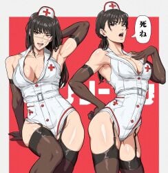 2girls armpits armwear black_eyes black_gloves black_hair black_thighhighs breasts chainsaw_man cleavage clothing elbow_gloves female female_only garter_straps gloves hair hand_behind_head hand_on_breast hand_on_hip hips japanese_text legwear long_hair medium_breasts mikeypieart mitaka_asa nurse nurse_cap nurse_clothing nurse_hat nurse_uniform orange_eyes ponytail scar scar_on_face skimpy skimpy_clothes speech_bubble thick_thighs thighhighs thighs yoru_(chainsaw_man)