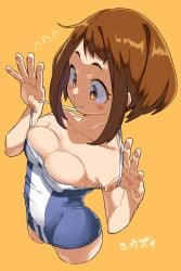 bare_arms bare_shoulders blue_swimsuit blush breast_press breasts brown_eyes brown_hair cleavage closed_mouth collarbone medium_breasts my_hero_academia ochako_uraraka one-piece_swimsuit short_hair suit swimsuit swimsuit_pull yuuzii