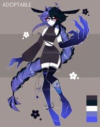 absurd_res big_claws big_hands black_ears black_hair claws clothing demon demon_humanoid ears_down female flower hair hi_res horn humanoid imp long_hair pivoted_ears plant pompomfroggy purple_eyes purple_hair red_eyes simple_background smile solo twintails watermark white_body white_skin