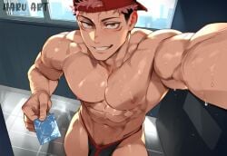 ai_assisted ai_generated bara bara_tiddies bara_tits big_pecs big_thighs condom frat_boy fuckboy gay haruartx itadori_yuuji jujutsu_kaisen male male/male male_only slutboy thong yaoi