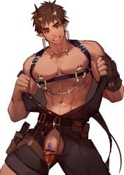 1boy abs absurdres arms_up bar_censor belt belt_buckle brown_eyes brown_gloves brown_hair brown_pants buckle censored chest_harness chinese_commentary collarbone commentary_request cowboy_shot cum ear_piercing earrings ejaculation fingerless_gloves gloves grin harness highres holster horn_ornament horns jewelry large_penis looking_at_penis male_focus navel nipple_chain nipple_piercing nipples open_pants original pants pectorals penis penis_markings piercing pointy_ears pouch short_hair_with_long_locks single_glove smile sparkle teeth testicles thick_eyebrows thigh_holster thigh_pouch undressing wan_ma_(wanma222)