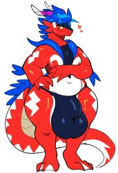 ai_generated anthro balls balls_outline belly big_bulge blue_body blue_hair bulge clothing detailed_bulge dragon generation_9_pokemon genital_outline genitals heart hellsonger hi_res horn huge_bulge koraidon looking_at_viewer male penis_outline red_body scalie simple_background slightly_chubby solo standing sweat thick_thighs underwear white_background