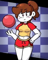 2020s ball baller big_eyes blue_background blush bouncing_ball brown_hair candy_girl checkered checkered_background cute cute_face deviantart deviantart_link deviantart_username dodge_ball ear female girl gummy_creature happylikeawall humanoid jamga_(sidings) kick_ball living_candy looking_at_viewer meme meme_clothing oc original_character pale-skinned_female pale_skin pale_skinned ponytail purple_eyes roboblastvolnutt self_insert toony twitter twitter_user_oc yellow_and_red youtube youtube_avatar youtuber youtuber_girl