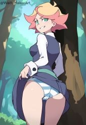 1girls ai_generated amanda_o'neill ass blue_striped_panties blush cameltoe female forest hi_res high_resolution highres little_witch_academia looking_at_viewer medium_breasts skirt skirt_lift smile smirk smirking smirking_at_viewer striped_panties studio_trigger teasing waifumakerart