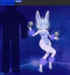 anthro blue_background breasts bunny_teeth female fur genitals gravity hair hi_res lagomorph leporid levitation mammal nipples planetoid purple_body purple_eyes purple_fur purple_hair pussy rabbit rabbit_teeth rottentuttifrutti simple_background solo space