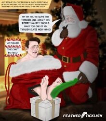 2020 2boys artist_name captured christmas christmas_present closed_eyes featherticklish green_feather male_feet male_foot_fetish male_tickling punishment santa_claus speech_bubble story story_at_source story_in_description text_box tickling tickling_feet