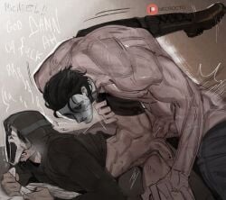 2boys ^^^ abs absurdres anal ass bara black_hair black_hoodie black_pants black_pubic_hair boots clenched_hands clenched_teeth clothed_sex clothes_pull commentary crossover cum cum_in_ass dead_by_daylight english_commentary english_text fanart ghostface groin hair_slicked_back halloween_(movie) hand_on_another's_thigh highres hood hood_up hoodie leg_up male/male male_focus male_only male_penetrated male_penetrating_male male_pubic_hair mask michael_myers motion_lines multiple_boys muscular muscular_male necrocto pants pants_around_one_leg pants_pull patreon_logo patreon_username penis pubic_hair scream_(movie) sex sheet_grab sweat teeth testicles veins veiny_arms white_mask yaoi