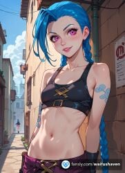 a_cup aa_cup ai_generated arcane b_cup bb_cup blue_hair breasts cosplay female jinx_(league_of_legends) league_of_legends legends lol long_hair nude of petite petite_body pink_eyes skinny skiny small_boobies small_boobs small_breasts small_tits solo thin thin_body viewer_pov young