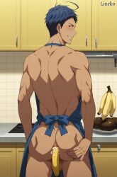 ai_generated anus aomine_daiki ass asshole banana banana_in_ass blue_eyes bottom_aomine bow daiki_aomine gay_male kitchen kuroko's_basketball kuroko_no_basuke masturbation muscles navy_blue_hair power_bottom short_hair tan_skin tight_ass