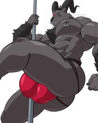 1boy 3_eyes 4:5 abs absurd_res anthro ass big_pecs black_horn chest_tuft clothed clothing demon facial_piercing fur genital_outline grey_body grey_fur hi_res horn jockstrap maldu male male_only mammal multi_eye muscular muscular_anthro muscular_male nipple_piercing nipples nose_piercing nose_ring pecs piercing pole red_jockstrap simple_background solo stripper_pole topless tuft underwear ursid white_background