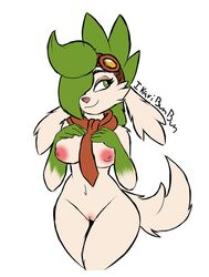 anthro breasts eyewear female fur genitals goggles grace_mustang green_eyes green_hair hair hand_on_breast hi_res ikaribunbun legendary_pokemon long_ears nintendo nipples nude pink_nose pokémon_(species) pokemon pokemon_(species) pussy scarf shaymin sky_forme_shaymin smile solo video_games white_body white_fur