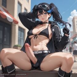 1futa ai_generated artist_name big_penis bikini_top black_rock_shooter blue_eyes clothed clothing colored digital_media_(artwork) erection front_view futa_only futanari legs_apart outside penis psyopsai public public_exposure shorts sitting solo solo_focus spread_legs uncensored vest watermark