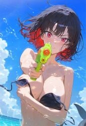 ai_generated aiming big_breasts bikini bikini_top black_hair breasts busty covering_breasts ellen_joe kawaii_roid large_breasts looking_at_viewer monster_girl pointing_at_viewer red_eyes shark shark_girl shark_humanoid short_hair untied_bikini wardrobe_malfunction water_gun water_pistol zenless_zone_zero