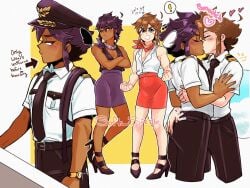 black_hair blue_eyes blush brown_hair crossdressing dark-skinned_femboy dark-skinned_male dark_pit dark_skin femboy flight_attendant gay gay_kissing hand_on_ass hat kid_icarus kid_icarus_uprising kissing pit pit_(kid_icarus) red_eyes soft_sizzle suit suit_and_tie yaoi