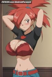 ai_generated aindroidparanoid asuna_(pokemon) bedroom belt big_breasts bra breasts curvy denim female female_only flannery_(pokemon) gym_leader hips huge_breasts indoors jeans large_breasts midriff narrow_waist navel pokemon pokemon_trainer ponytail red_hair shirt slim_waist spiky_hair stable_diffusion tight_clothing tight_fit