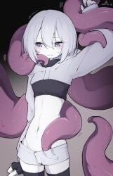 1girls artist_request black_stockings blush character_request female female_focus female_only imminent_sex light-skinned_female light_skin molestation purple_eyes skinny skinny_female skinny_girl stockings tentacle thighs unwanted white_hair