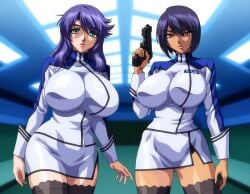 2girls ai_generated big_breasts black_hair cuffs_(clothing) curvaceous curvy curvy_body curvy_female curvy_figure green_eyes handgun highres huge_breasts kangoku_senkan large_breasts lieri_bishop lilith-soft lips lipstick mature_female military_uniform murakami_teruaki naomi_evans pencil_skirt purple_hair red_eyes rieri_bishop skirt space spacecraft taimanin_(series) thighhighs voluptuous voluptuous_female