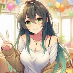 big_breasts big_thighs birthday black_hair breasts childhood_friend clothing crush cum female female_focus female_only green_eyes green_hair straight_hair upper_body