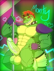 1boy 2024 abs alligator alligator_tail alligatorid alligatorid_humanoid alternate_version_at_source alternate_version_available animatronic anthro artist_logo artist_signature balls bara barazoku biceps boner bracelet crocodile crocodile_tail crocodilian crocodylid english_text erection facial_markings fingerless_gloves five_nights_at_freddy's five_nights_at_freddy's:_security_breach fnaf gay green_body heart hearts_around_body holoxone looking_at_viewer looking_pleasured machine male_only mohawk mohawk_(hairstyle) montgomery_gator_(fnaf) muscular muscular_male non-human pecs penis_out pole pole_dancer pole_dancing red_hair reptile reptile_humanoid robot robot_humanoid scottgames smiling smiling_at_viewer solo solo_focus solo_male spiked_bracelet spotted_body steel_wool_studios story_at_source tagme_(artist) tail thighs two_tone_body