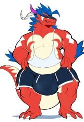 ai_generated anthro belly big_bulge bottomwear bulge claws clothed clothing dragon generation_9_pokemon genital_outline hands_on_hips hellsonger hi_res horn huge_bulge koraidon looking_at_viewer male musclegut muscular muscular_anthro muscular_male overweight overweight_anthro overweight_male penis_outline red_body red_scales scales scalie shirt shorts simple_background slightly_chubby solo standing tank_top topwear white_background